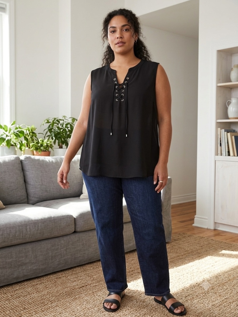 Sleeveless Lace-Up Black Blouse - Women's XL lightweight Top B023